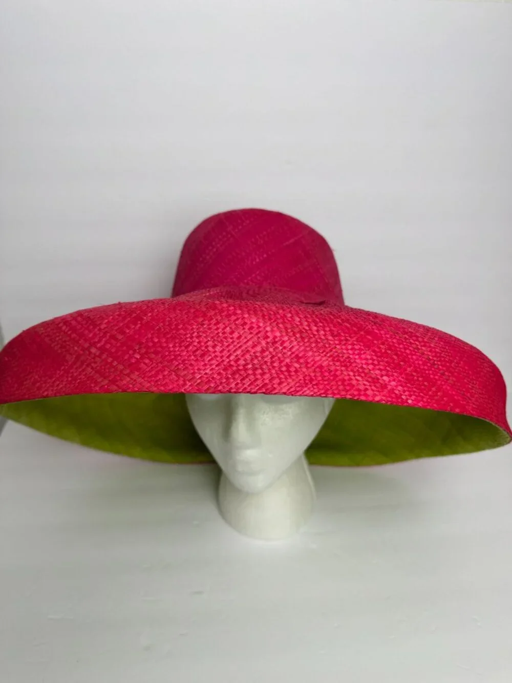 Hand Woven Madagascar Big Brim RAFFIA Sun Hat Pink & Neon Green  Sz XL 23.5" - Picture 2 of 12